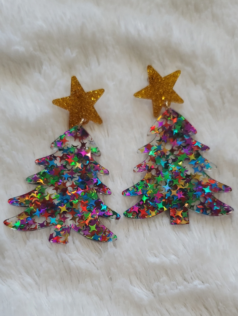 Multicolor Glitter Christmas Tree Earrings with Gold Star